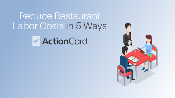 Blog title saying "Reduce Restaurant Labor Costs in 5 Ways" on blue/white gradient background with cartoon people eating at a table