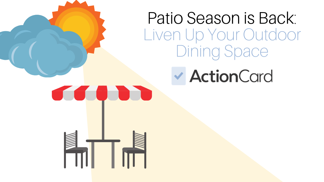 Patio table with umbrella and title saying "Patio Season is Back: Liven Up Your Outdoor Dining Space"