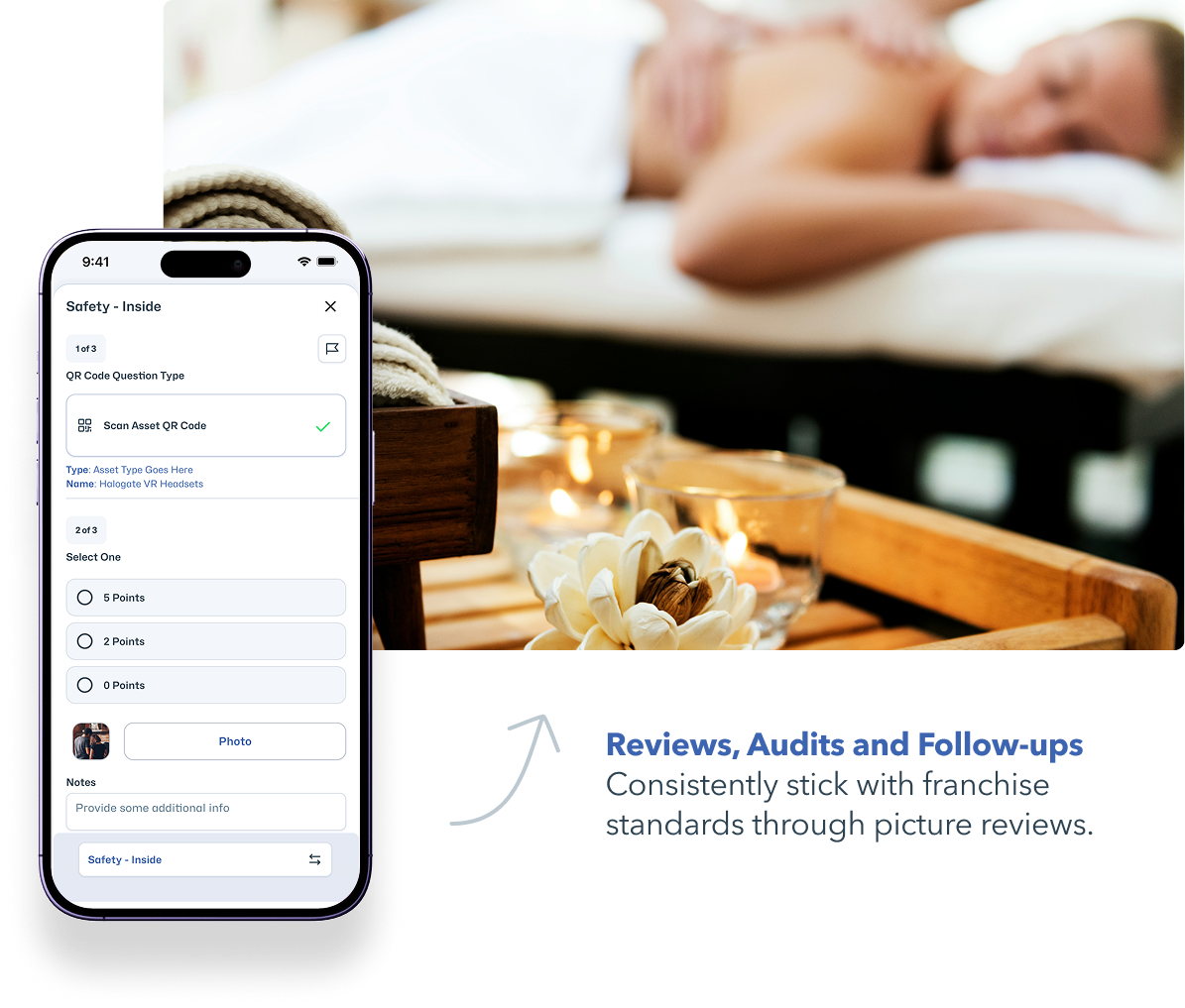 ActionCard for health, beauty, and wellness. Woman on a message table phone showcasing features to leverage for quality assurance.