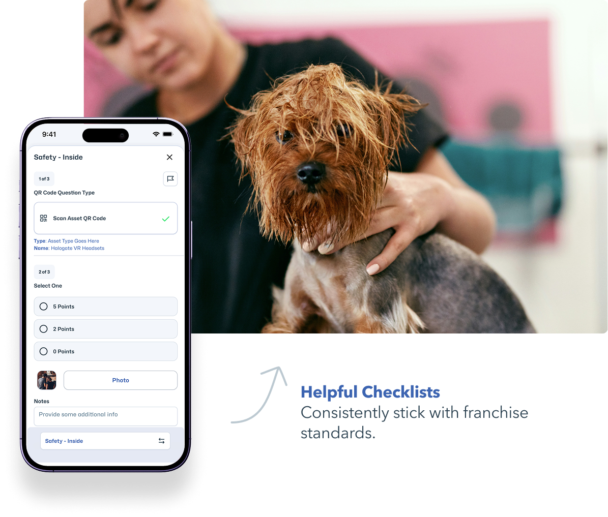 ActionCard app for pet spas and pet daycares - dog getting groomed looking at camera.